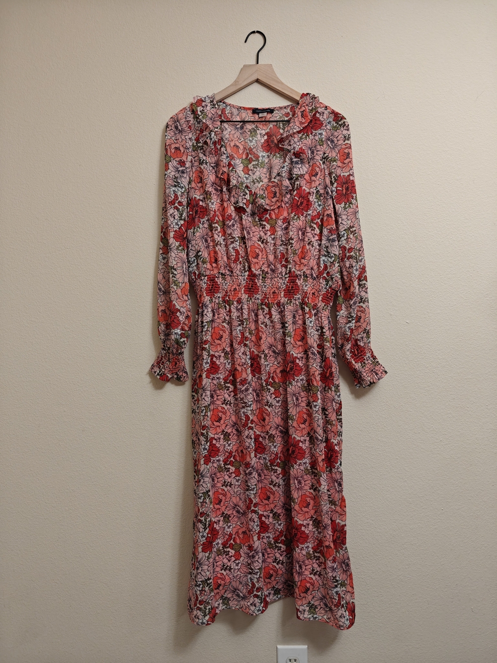 Tommy Hilfiger Long Sleeve Floral Ruffle Trim Smocked Dress Size 14